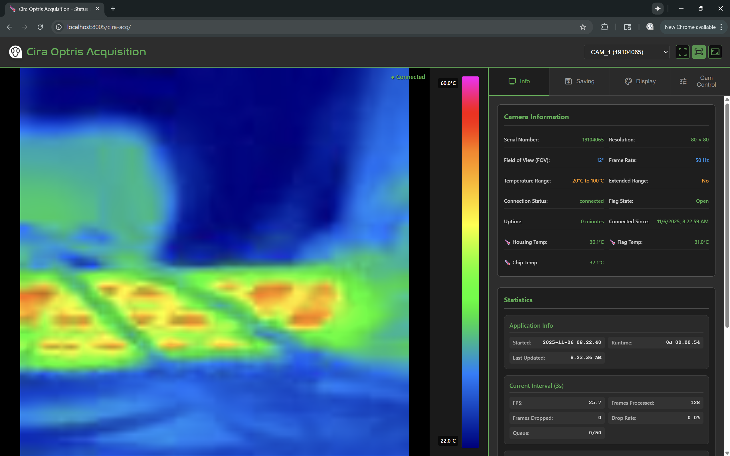 CIRA Optris Acquisition dashboard showing a live Xi 80 camera, iron palette, camera information and statistics