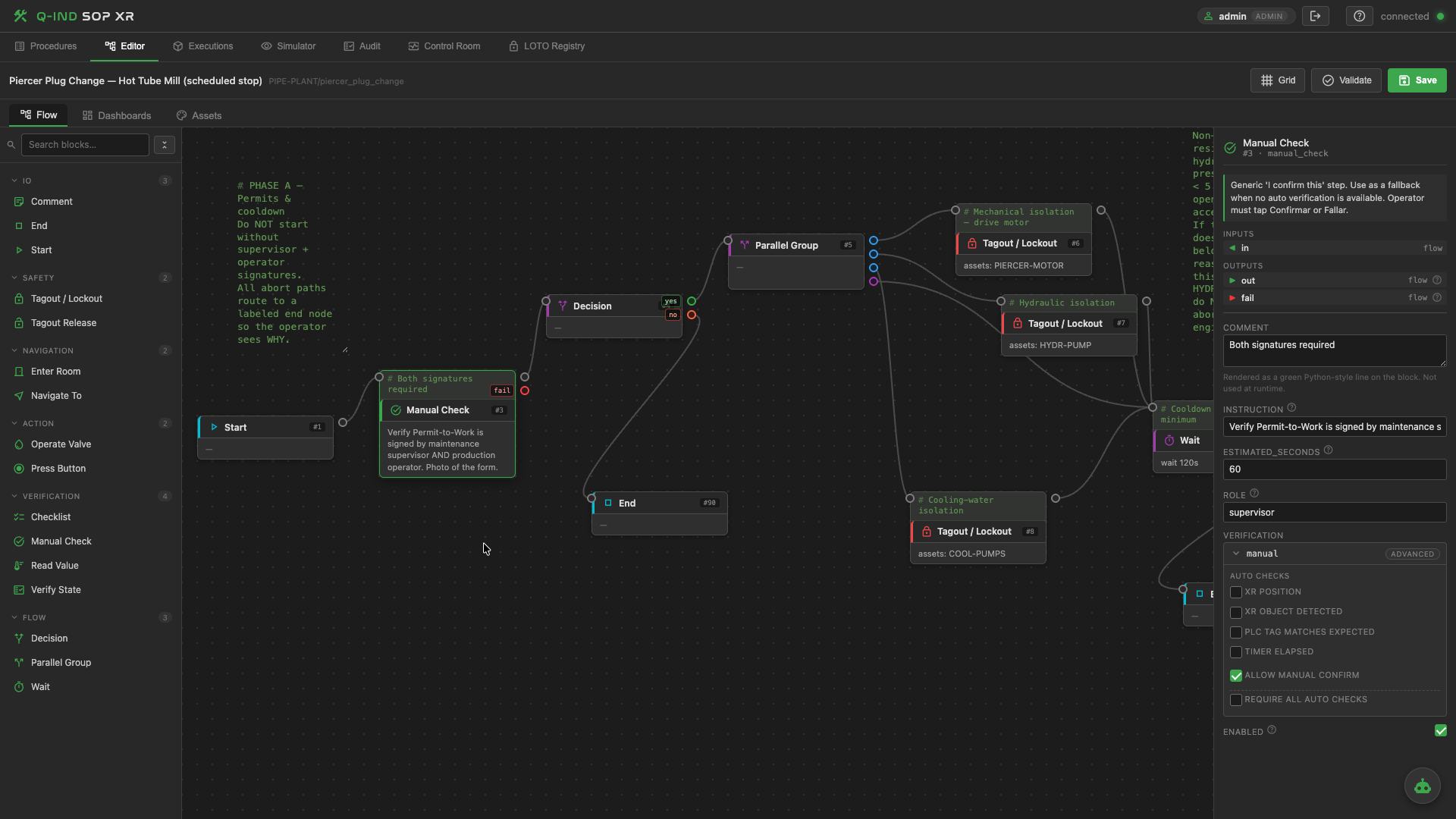 SOP Flow Editor — visual node-graph procedure builder with branches and parallel work
