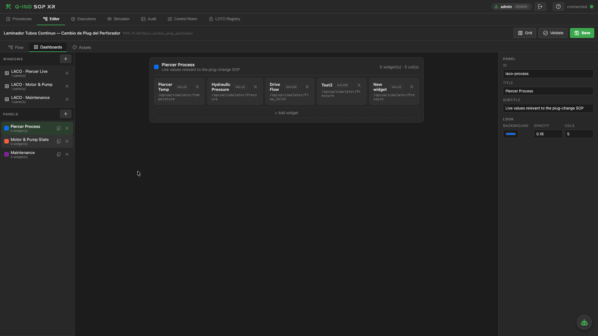 Live dashboards bound to the SOP showing real-time PLC and sensor values