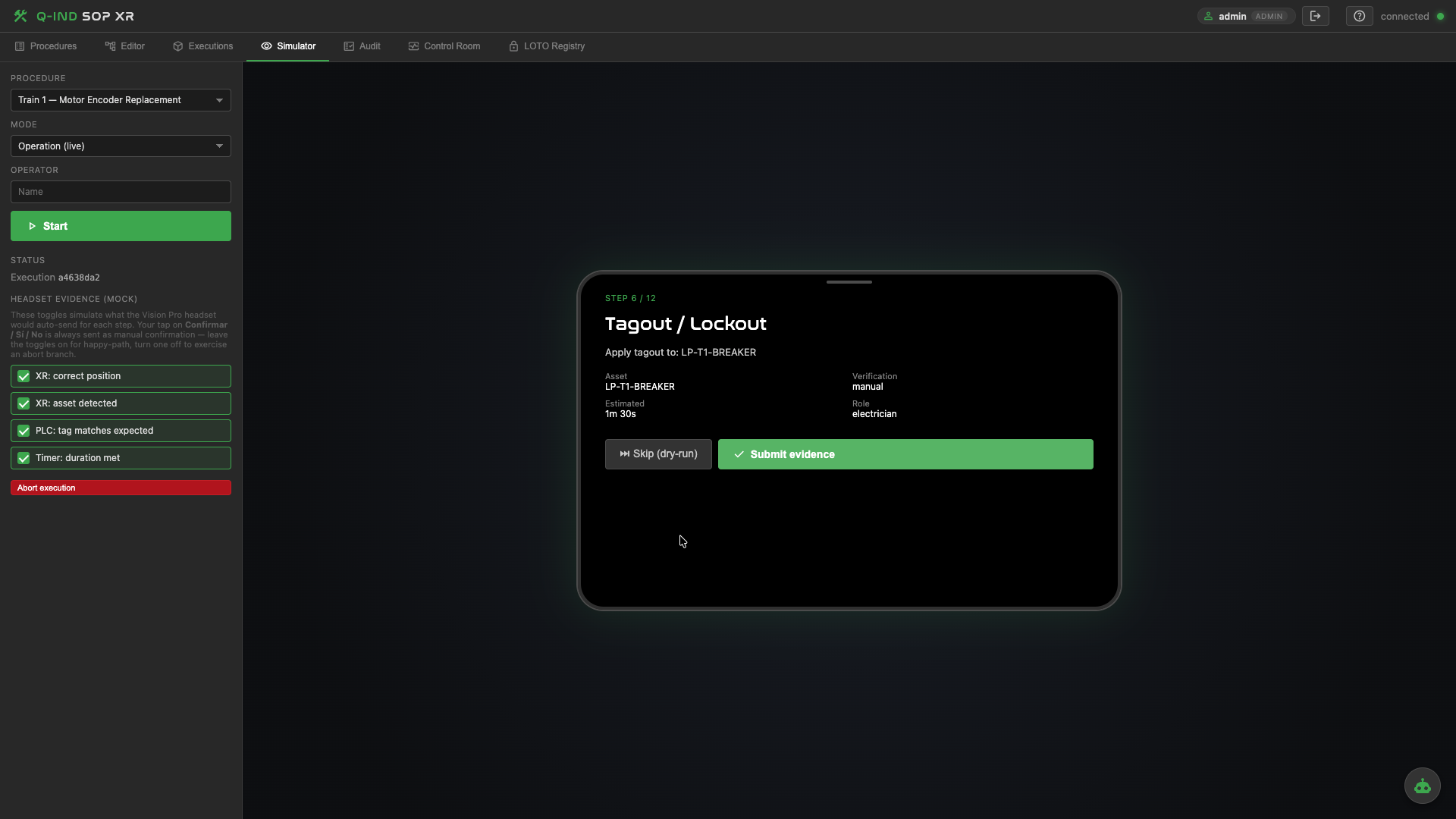 Simulator with tagout/lockout step verification and evidence submission