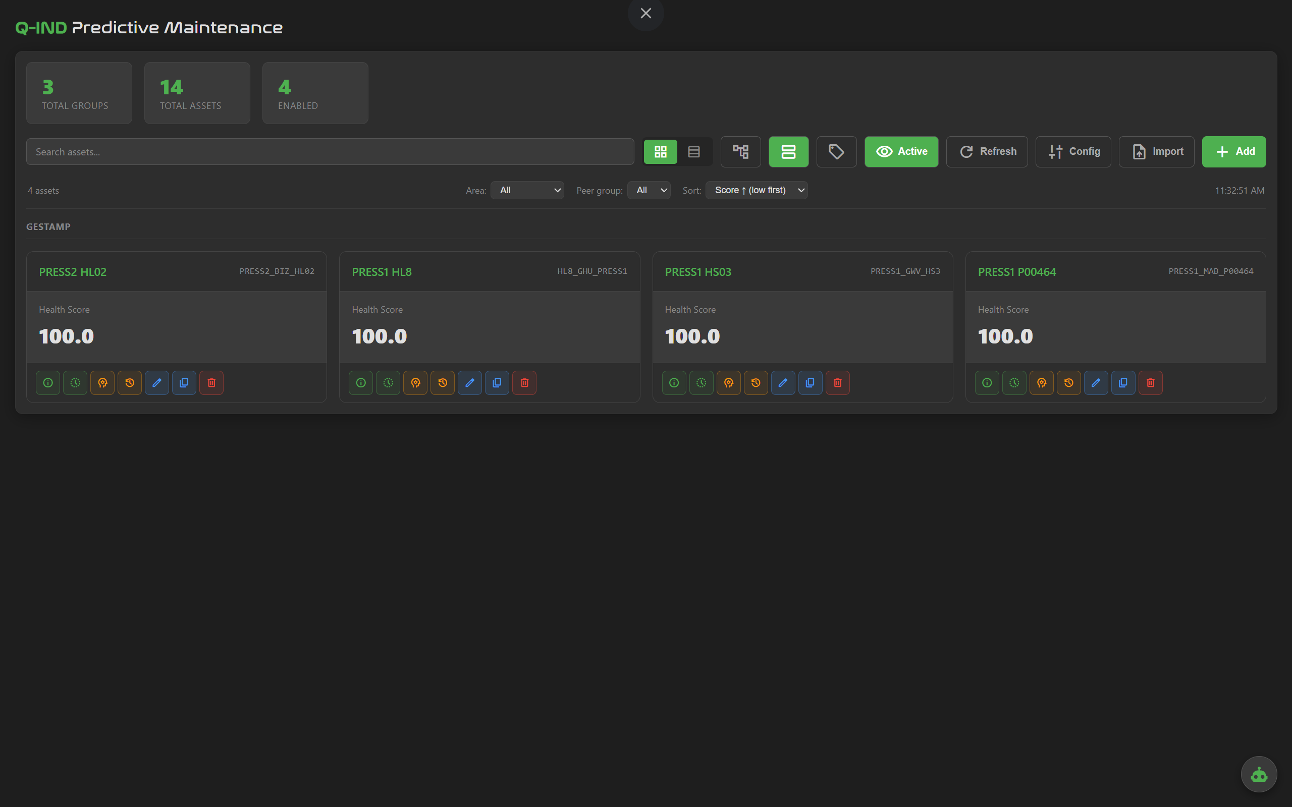 Q-PdM dashboard with asset cards showing health scores and anomaly flags