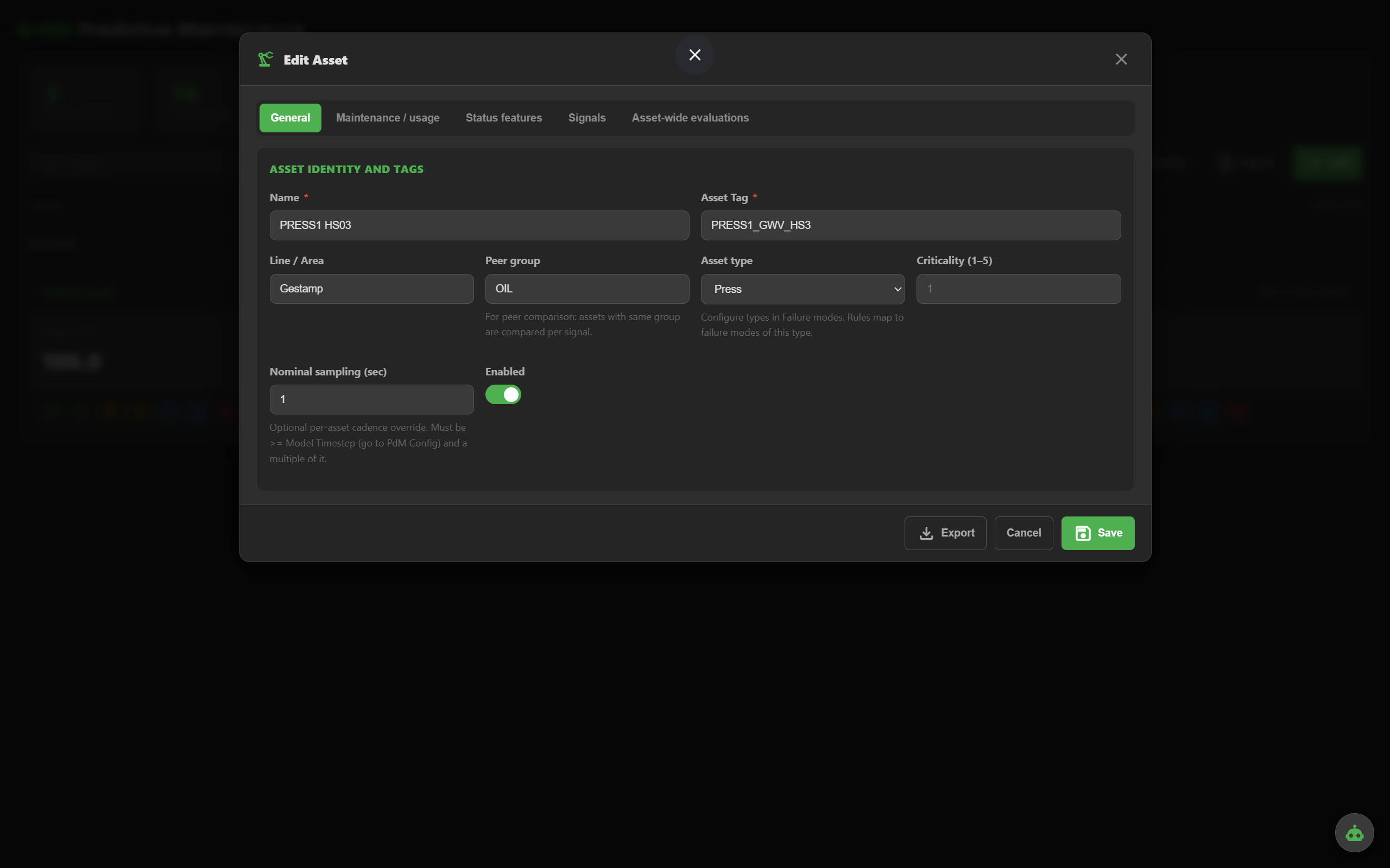 General configuration tab for an asset