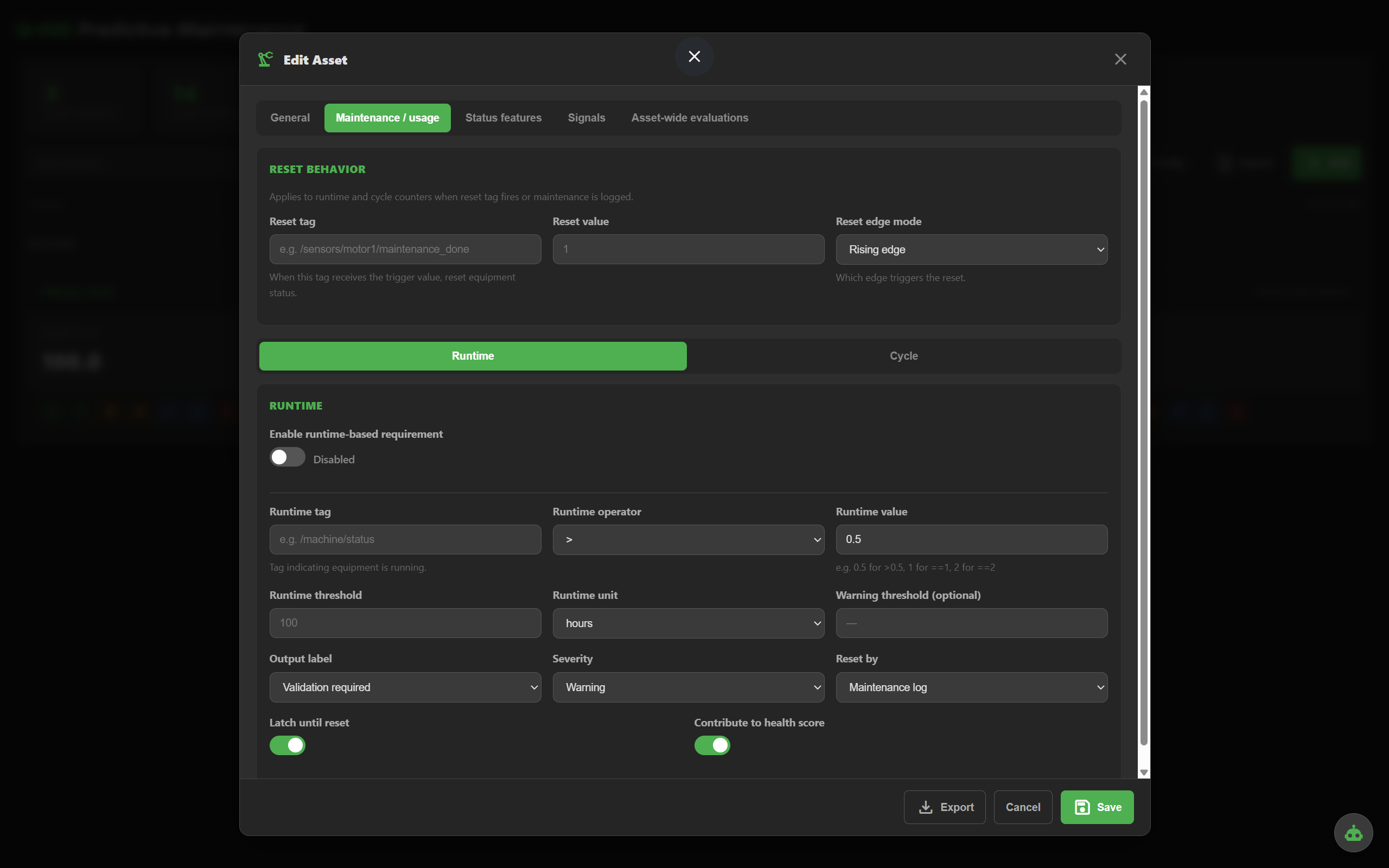Runtime-based maintenance configuration with thresholds and output options