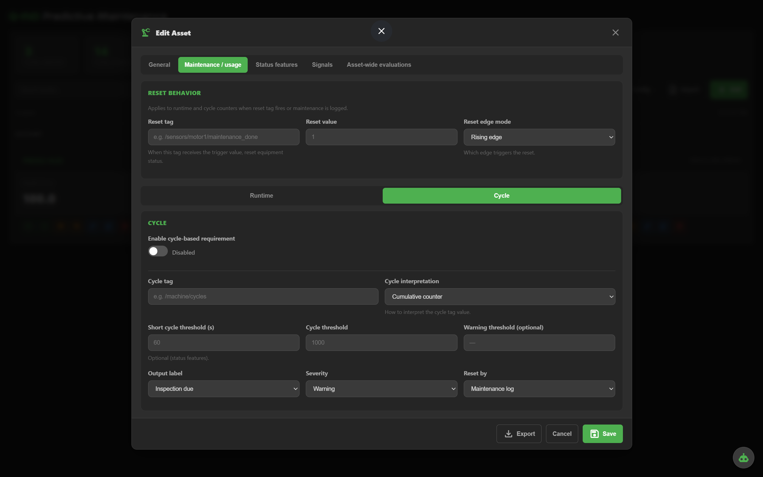 Cycle-based maintenance configuration with threshold options