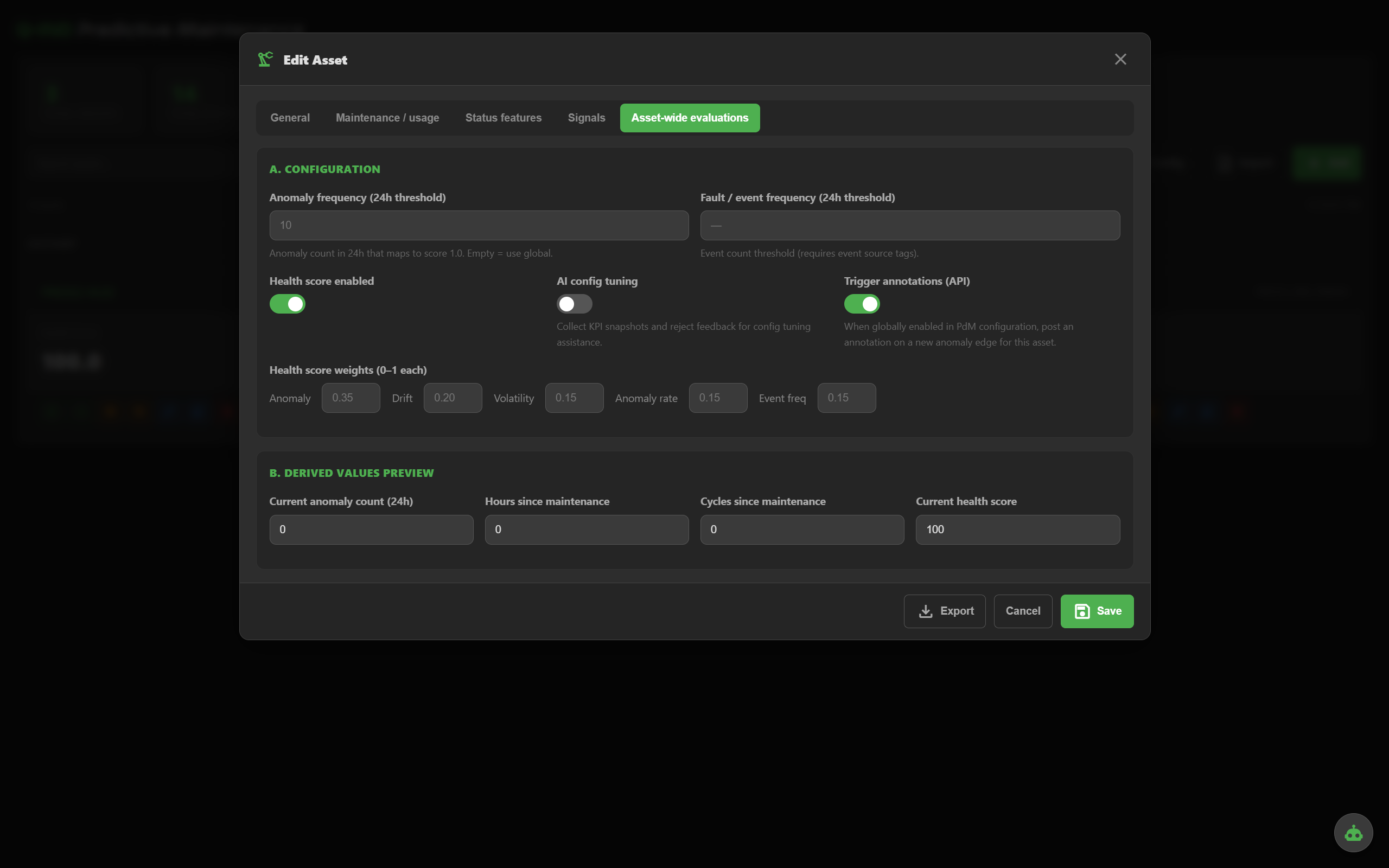 Asset-wide evaluation settings: weights, thresholds, AI tuning toggles