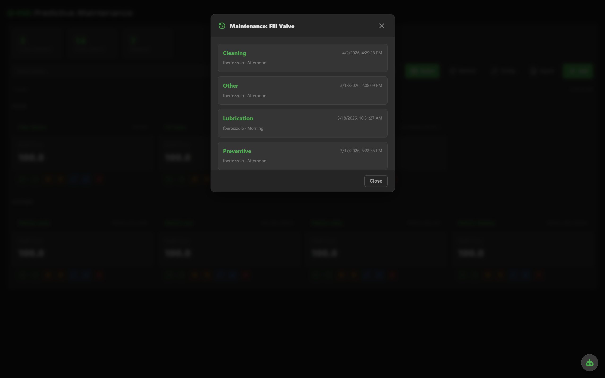 Maintenance log per asset with user, shift, action and notes