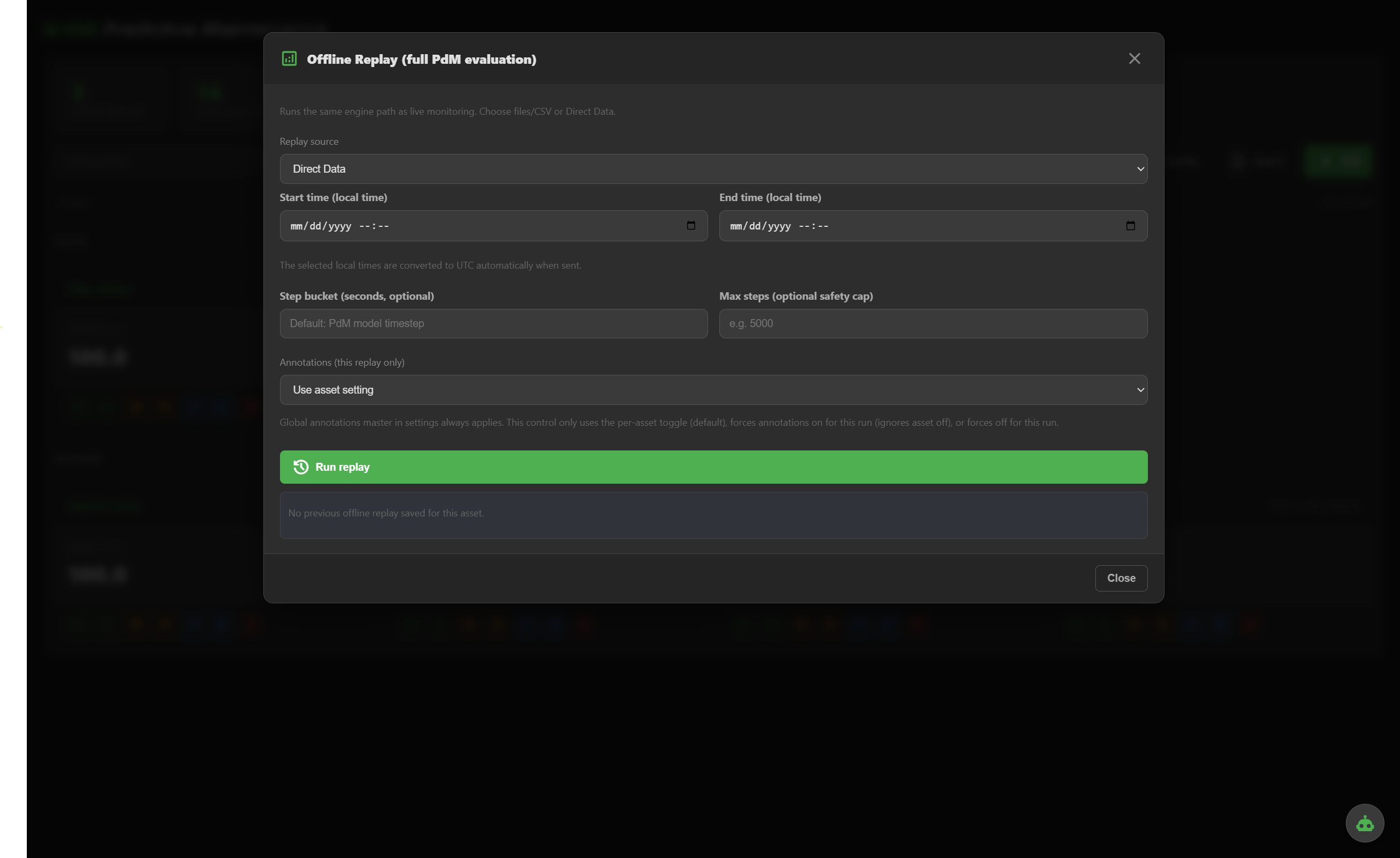 Offline replay panel with date range, source selection and progress